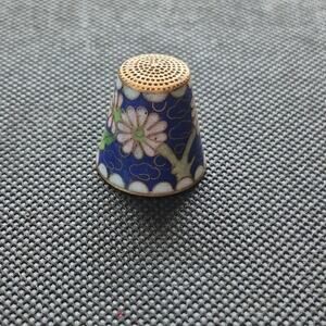 Vintage Cloisonne Thimble Cobalt Blue Pink Green Flowers Enamel Inlay Sewing